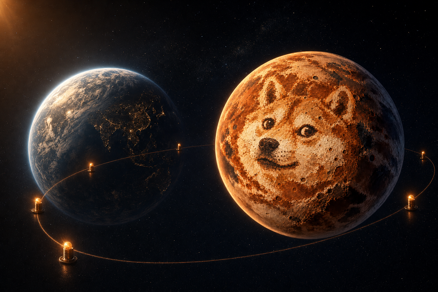 Inu Planet beside a dim night-side Earth, ringed by an orbit of glowing beacons