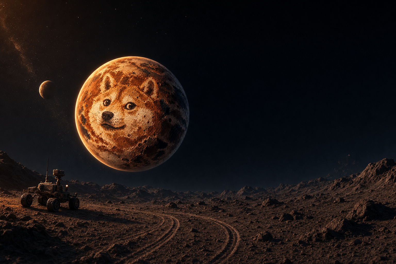 Inu Planet rising over a rocky surface where a rover idles beside its tire tracks