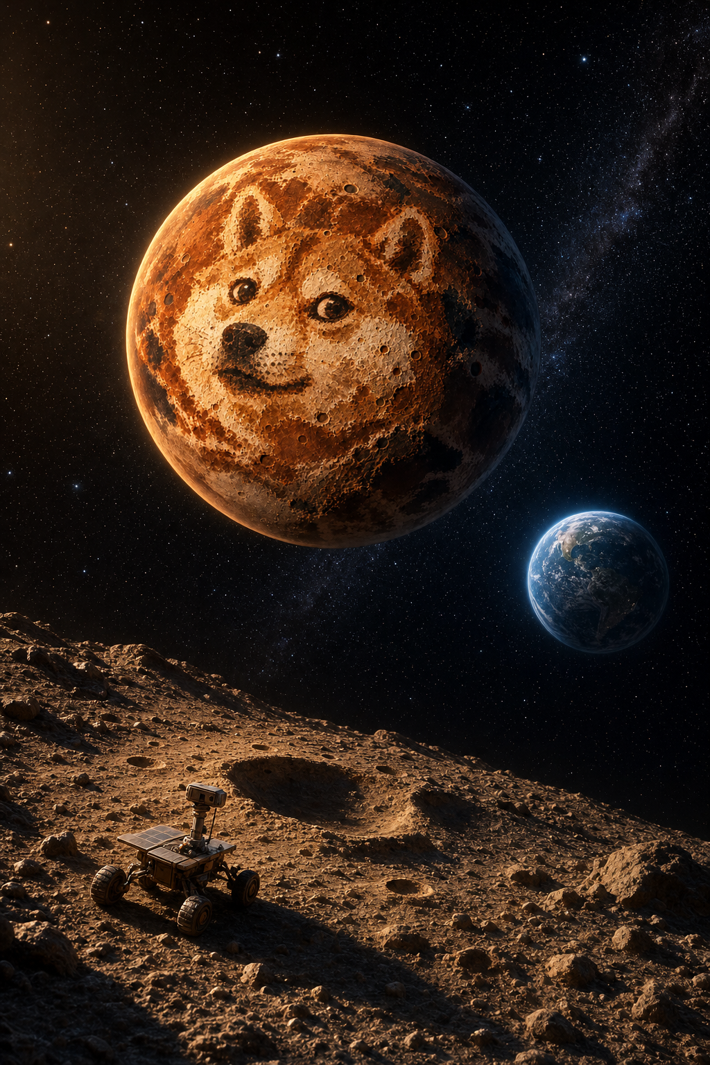 A small rover on a crater slope under Inu Planet, with blue Earth far off